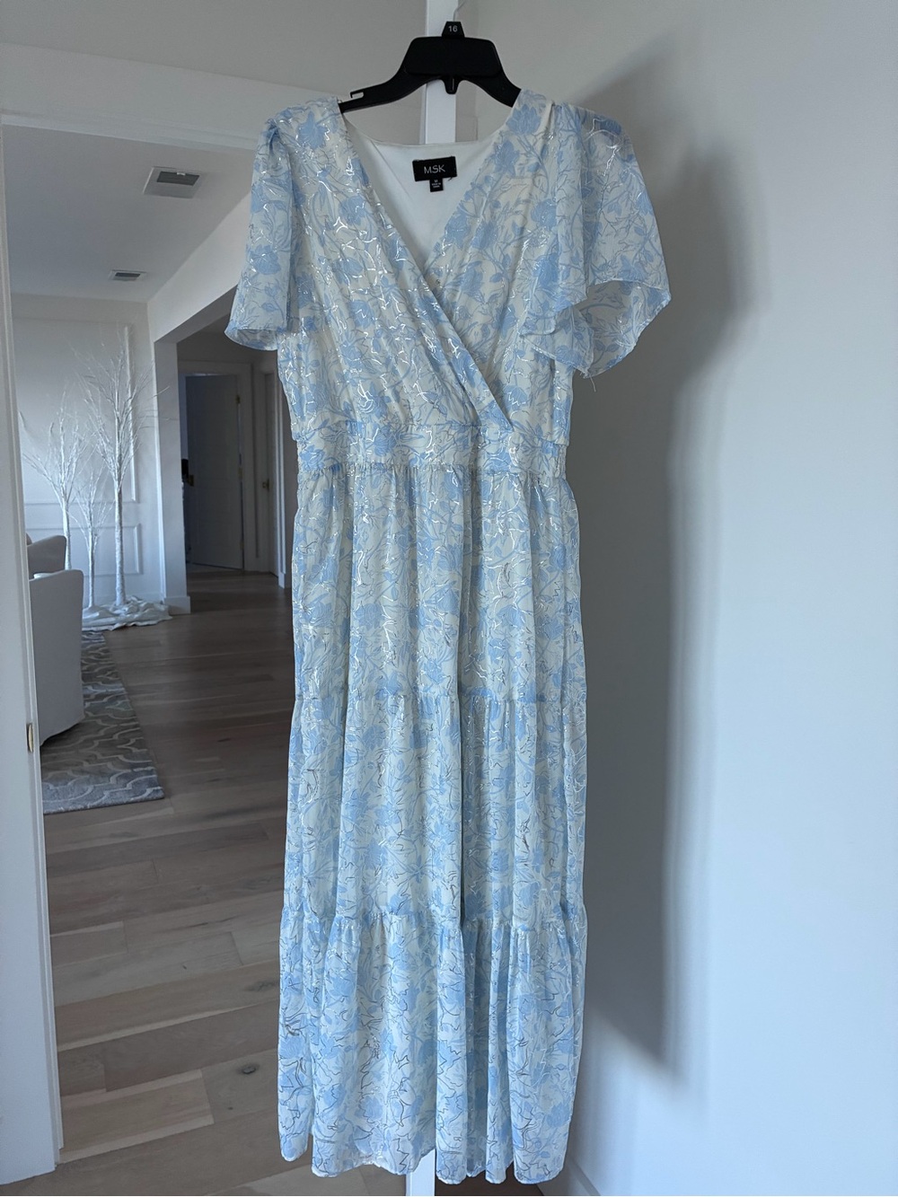 MSK Pale Blue and White Floral Wrap Maxi Dress